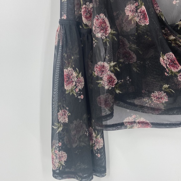 Bongo sheer romantic roses faux wrap blouse Gothic wide bell sleeve large - Picture 5 of 16